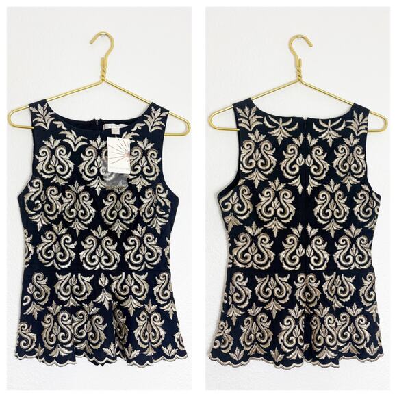Boston Proper Gold & Black Brocade Damask Embroidery Embellish Peplum Top Size 0 - Picture 1 of 11